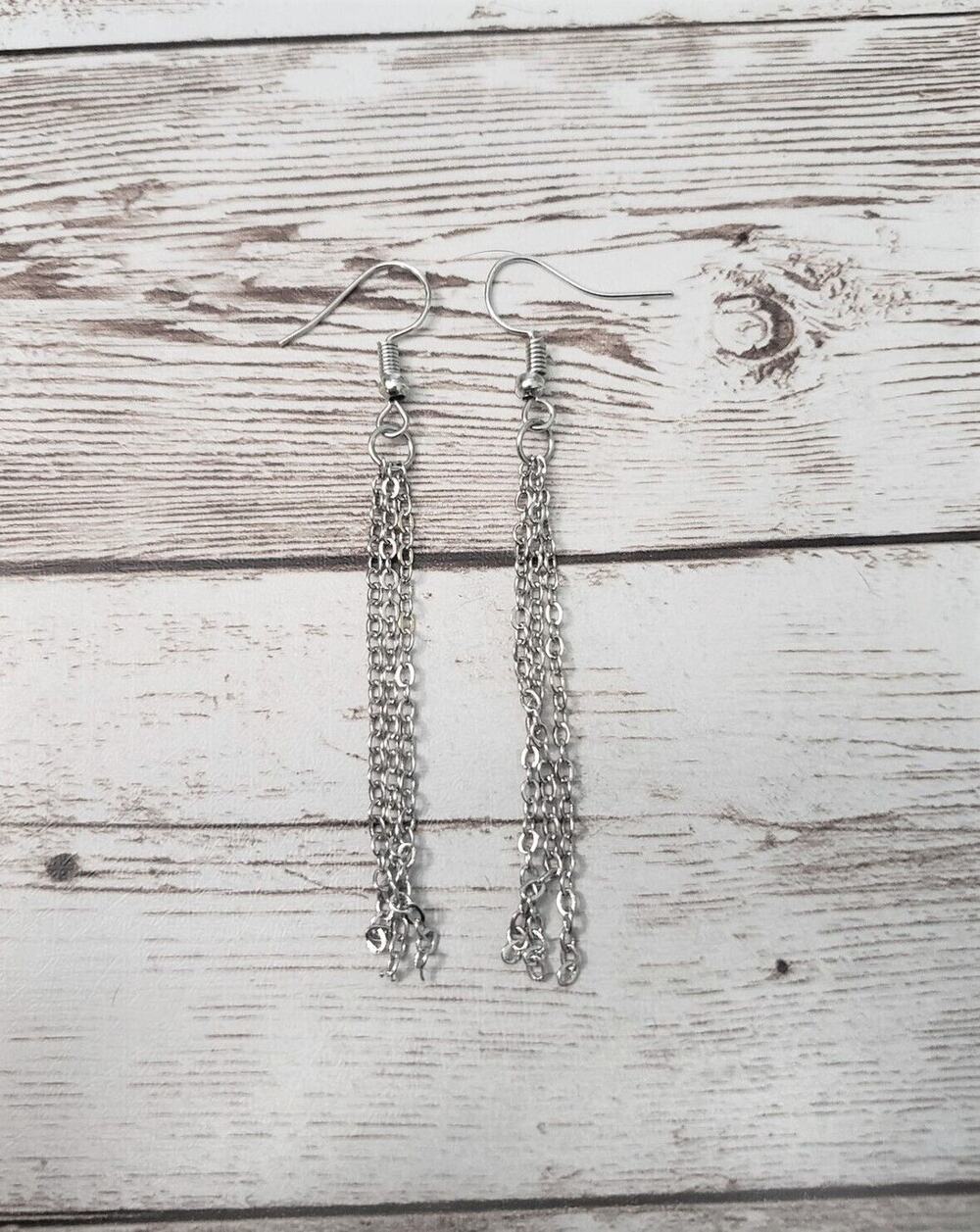 Multi Chain Dangle Earrings Silver Tone - New